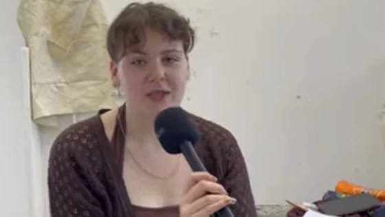 Fine Art student Katrina sharing pages from her sketchbook during an interview in the studio at Glasgow Kelvin College. Fine Art student Katrina sharing pages from her sketchbook during an interview in the studio at Glasgow Kelvin College.